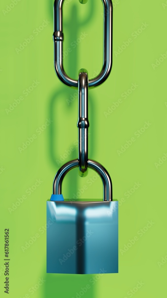 Silver padlock hanging on a steel chain in a green setting, protection theme, 3d illustration Silver padlock hanging on a steel chain in a green setting, protection theme, 3d illustration