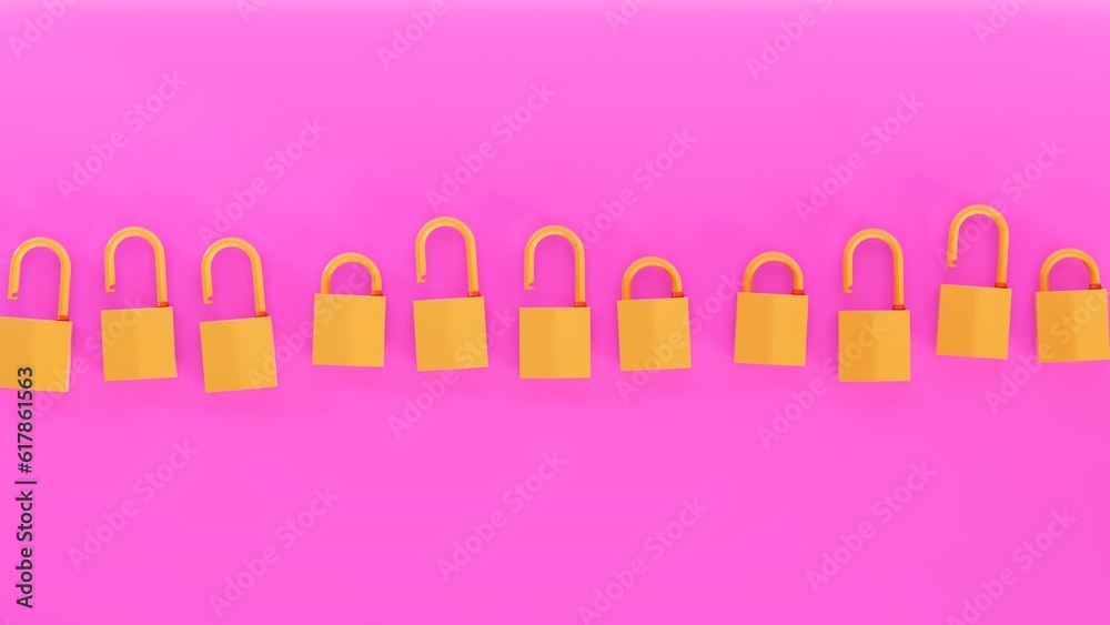 Pink stage with yellow padlocks, safety and security theme, horizontal