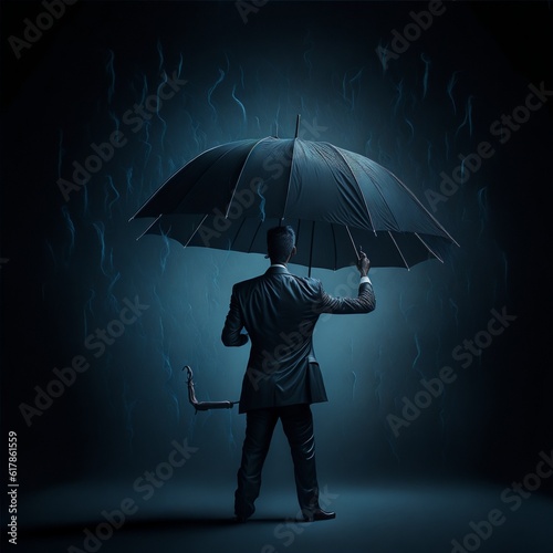 Market turbulence and financial crisis security concept as volatile stock market with price volatility as a businessman holding an umbrella as a business symbol for wealth management