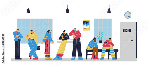 Stressed people waiting for job interview, flat vector illustration isolated on white background.