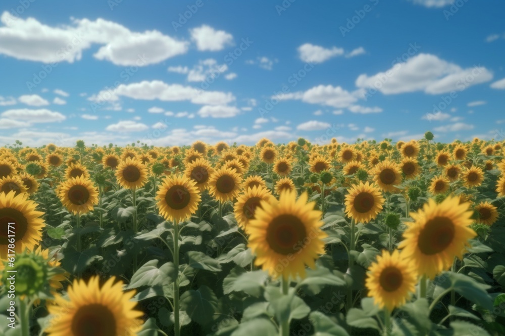 A sunflower field with a bright blue sky and fluffy clouds in the background, Generative AI