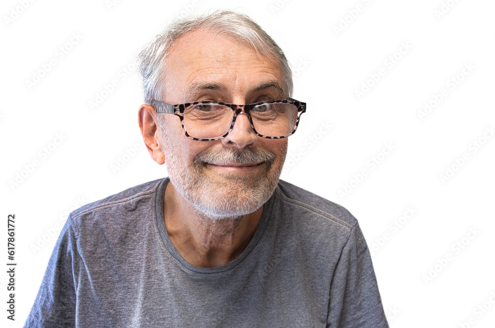 Close-up portrait of an unshaven old man in glasses, looking into the lens, isolated, on a white background. Close-up portrait of an unshaven old man in glasses, looking into the lens, isolated, on a white background.