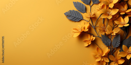 autumn composition of autumn leaves and flowers on a yellow background, top view, copyspace.ai generation