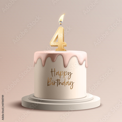 Four Years. Vector Birthday Anniversary Sweet Cake. Greeting Card, Banner with 3d Realistic Burning Golden Birthday Party Candle, Number, Flame. Icon Design Template for Birthday Concept. Front View