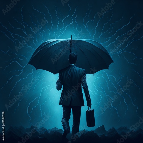Market turbulence and financial crisis security concept as volatile stock market with price volatility as a businessman holding an umbrella as a business symbol for wealth management