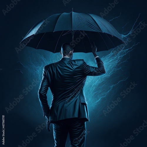 Market turbulence and financial crisis security concept as volatile stock market with price volatility as a businessman holding an umbrella as a business symbol for wealth management