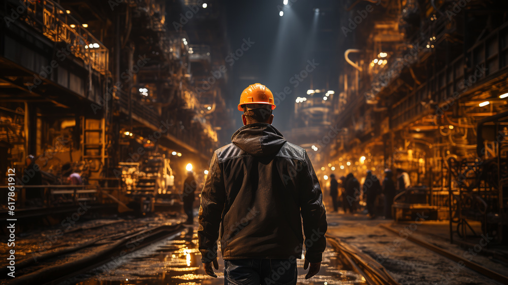 American worker working in an industrial factory, viewed from the back.ai generative American worker working in an industrial factory, viewed from the back.ai generative