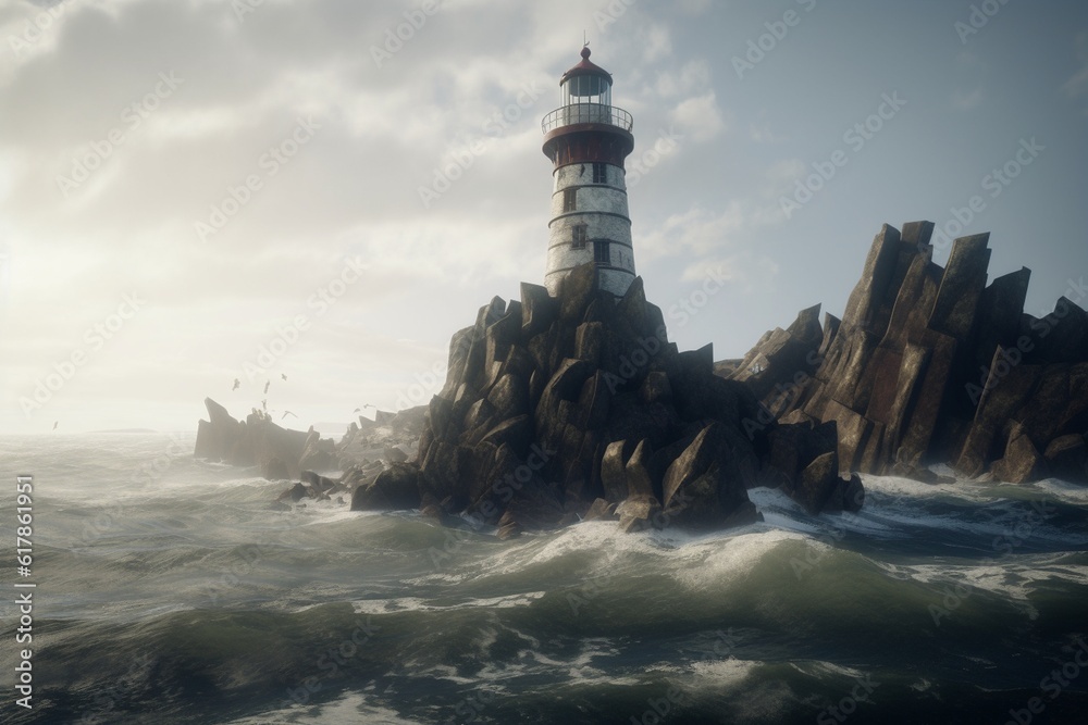 A deserted lighthouse on a rocky coastline, Generative AI
