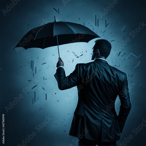 Market turbulence and financial crisis security concept as volatile stock market with price volatility as a businessman holding an umbrella as a business symbol for wealth management