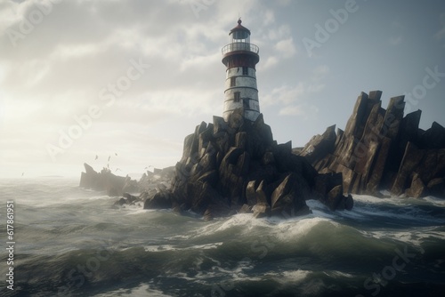 A deserted lighthouse on a rocky coastline, Generative AI