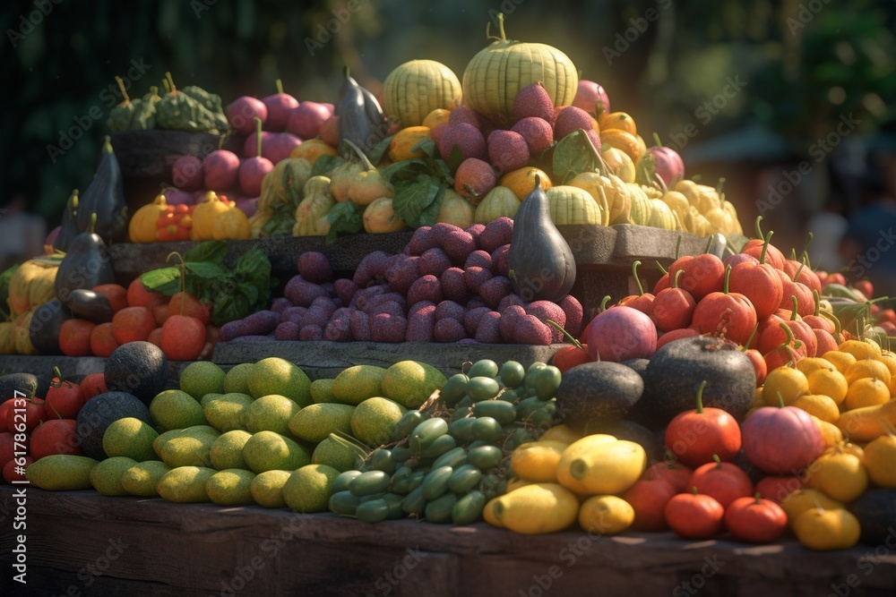 A stack of colorful fruit and vegetables at a farmer's market, Generative AI