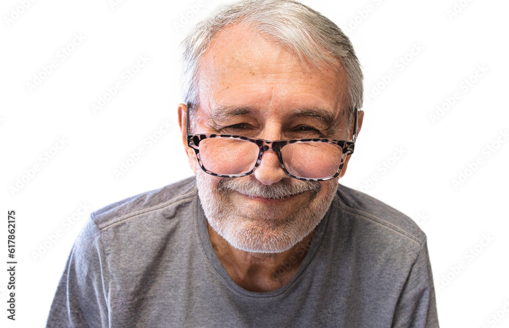 Close-up portrait of an unshaven old man in glasses, looking into the lens, isolated, on a white background. Close-up portrait of an unshaven old man in glasses, looking into the lens, isolated, on a white background.