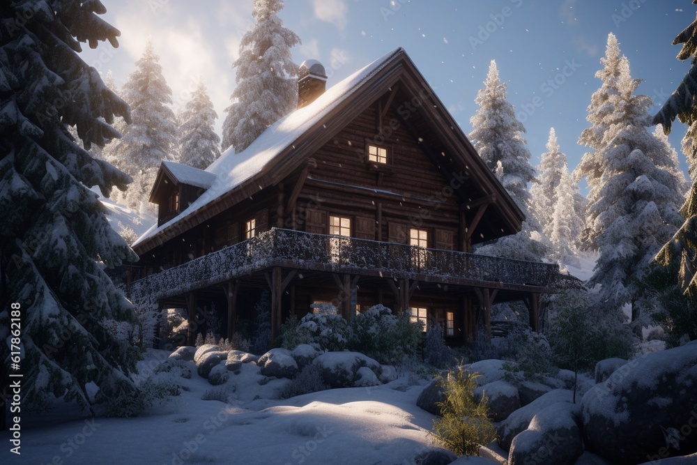 A cozy mountain cabin surrounded by evergreens and snow, Generative AI
