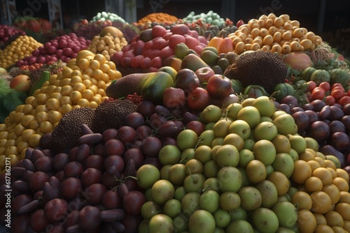 A stack of colorful fruit and vegetables at a farmer s market  Generative AI