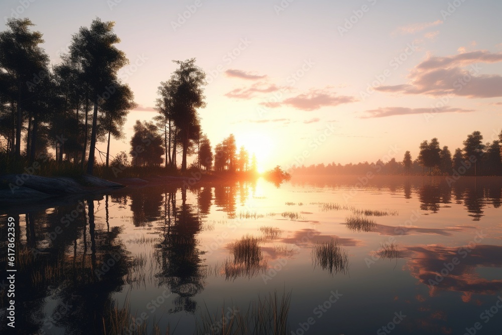 A still lake at sunset with the reflection of the sky and trees, Generative AI
