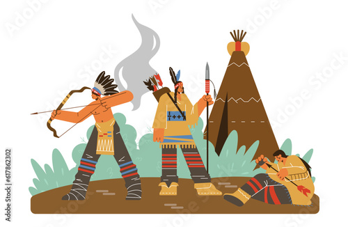 Vector cartoon illustration Native american warrior, hunter with weapons in traditional Indian clothing, tribal wigwam