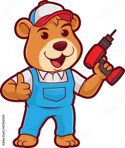 Bear Cartoon Handyman Holding Drill
