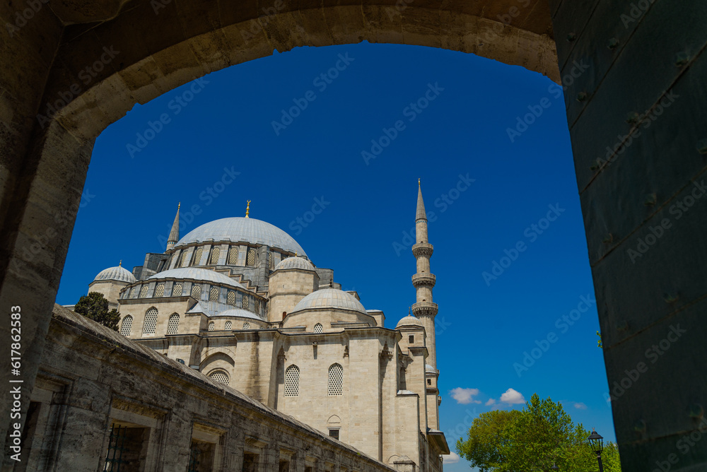 The Suleymaniye Mosque in Istanbul, Turkey, during a sunny day with blue sky