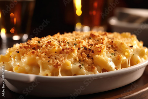Plate Of Truffle Mac And Cheese Baked To Perfection. Generative AI photo