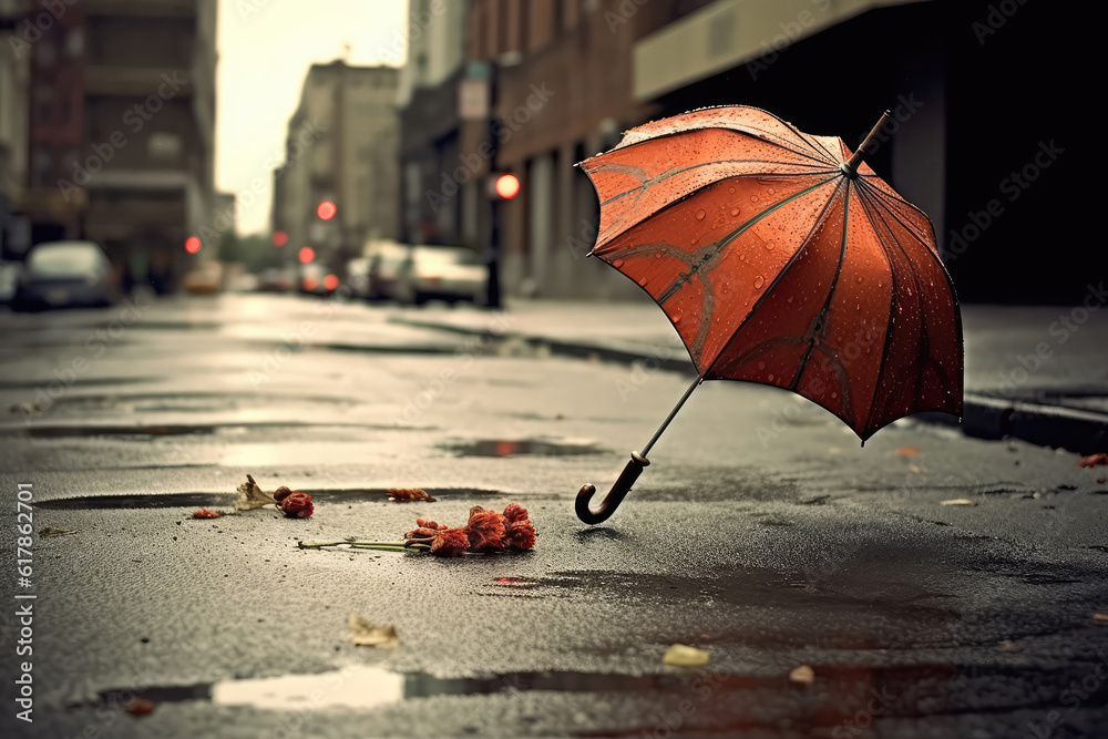 Broken Umbrella Discarded On Deserted, Rainy Street. Generative AI