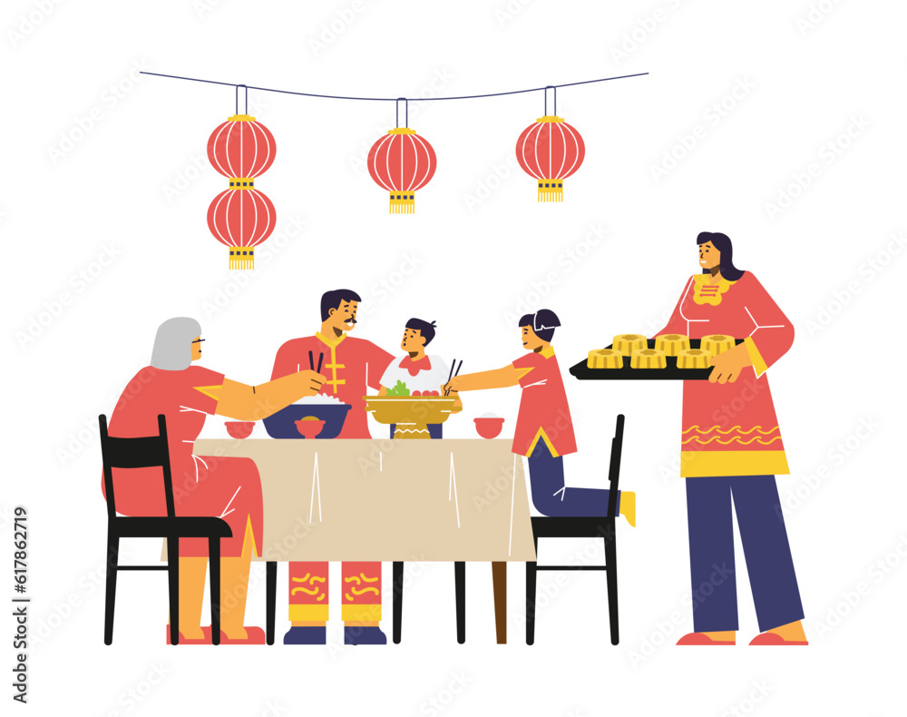Chinese family at reunion dinner celebrate mid autumn festival, flat vector illustration isolated on white background.