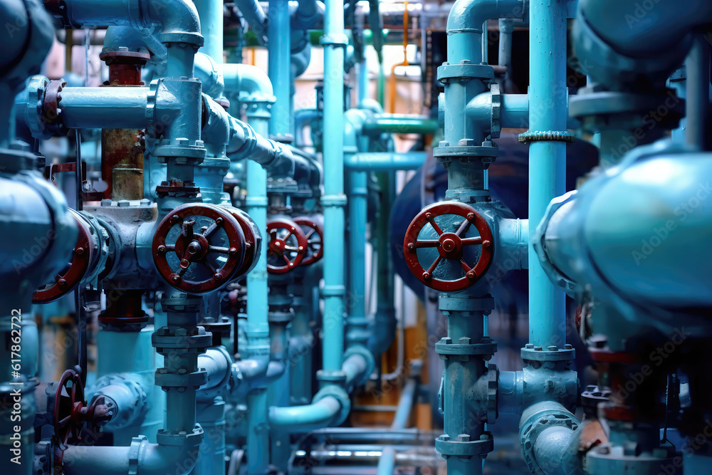 Fototapeta premium Network Of Pipes And Valves Controlling Water Flow. Generative AI