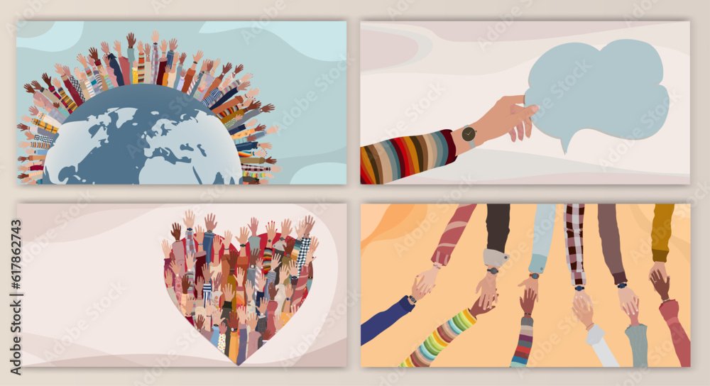Volunteer people group concept flyer brochure poster editable template.Multicultural people with hands raised around the earth. People diversity. NGO Aid concept. Solidarity.Heart shape