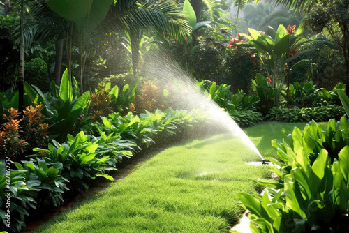 Lush Green Garden Being Watered Using Drip Irrigation System. Generative AI