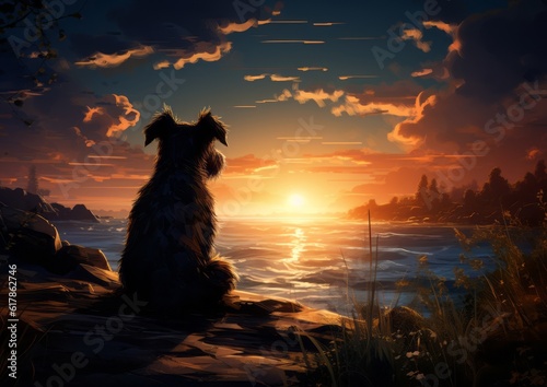Dog starring sunset, sitting on the beach