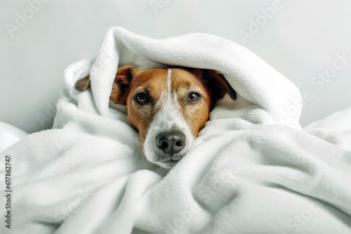 Dog Takes The Temperature In White Sheets. Generative AI © Anastasiia