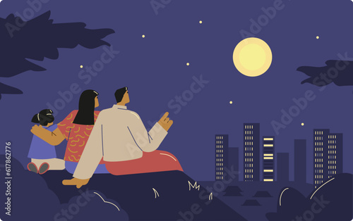 Vector cartoon illustration of Asian parents and daughter watching the full moon at night on Happy moon festival