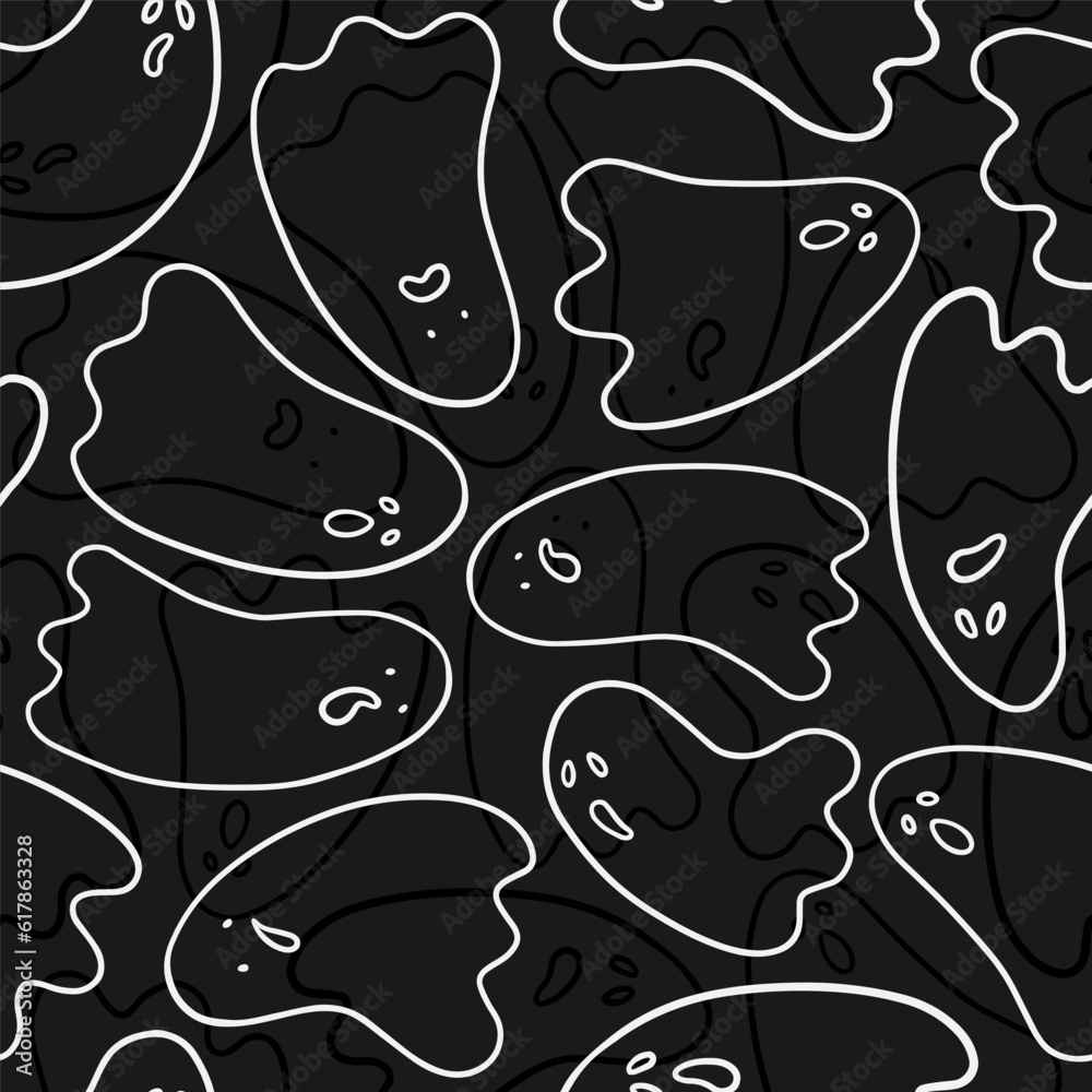 seasonal monochrome linear cartoon halloween seamless pattern with scary ghosts silhouettes isolated on dark background for paper wallpaper web