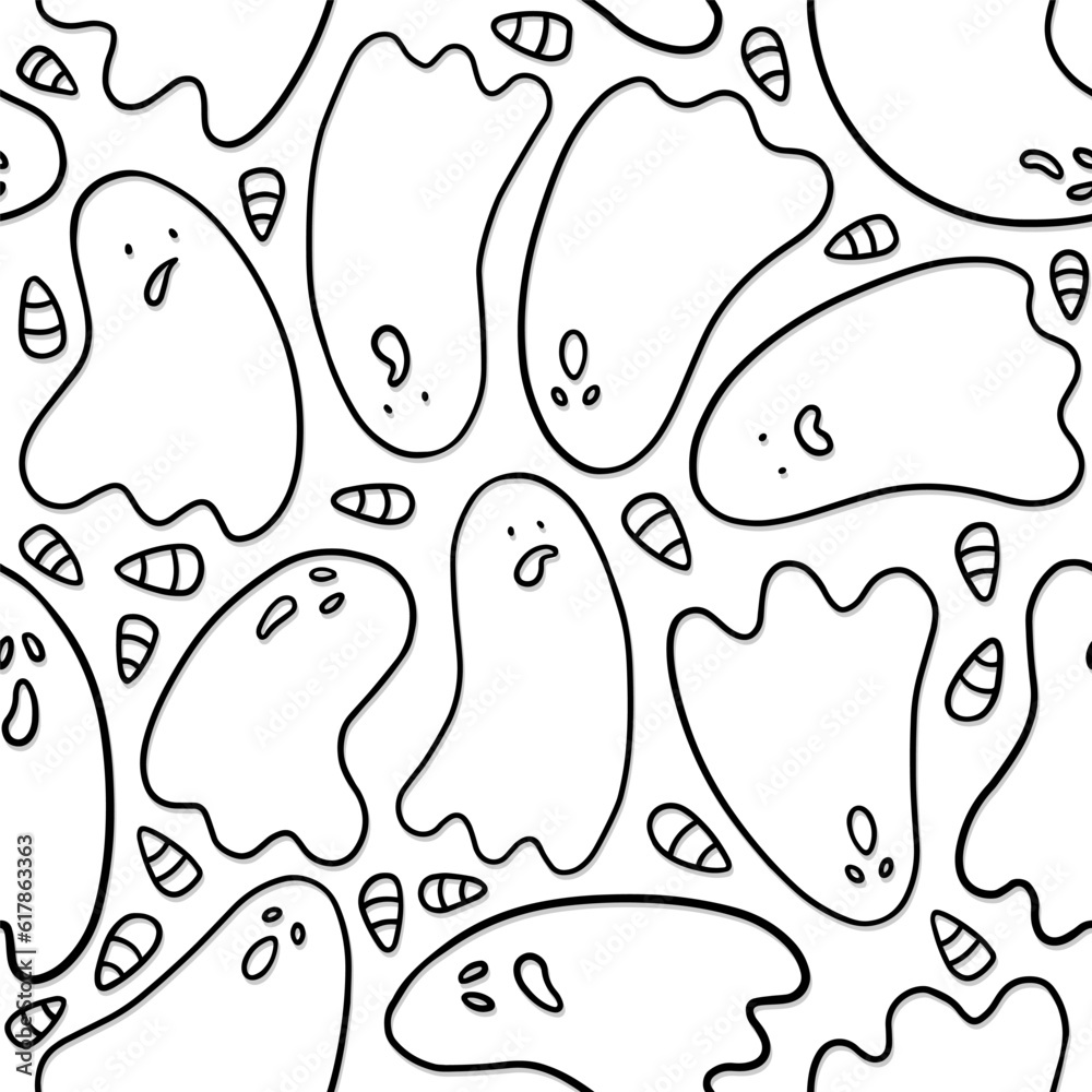 seasonal monochrome linear cartoon halloween seamless pattern with scary ghosts and corn seeds silhouettes isolated on white background for paper wallpaper web
