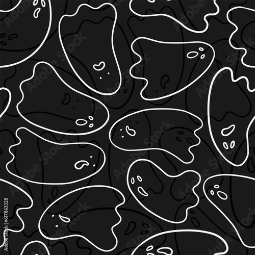 seasonal monochrome linear cartoon halloween seamless pattern with scary ghosts silhouettes isolated on dark background for paper wallpaper web 