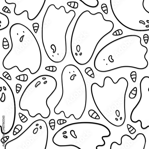 Obraz na płótnie seasonal monochrome linear cartoon halloween seamless pattern with scary ghosts and corn seeds silhouettes isolated on white background for paper wallpaper web w salonie