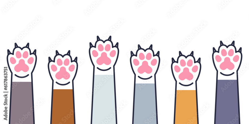 Set of cute cat paws with claws in vector. Cat paws with claws in different colors in flat linear style. Cute cat paw icons. - obrazy, fototapety, plakaty 
