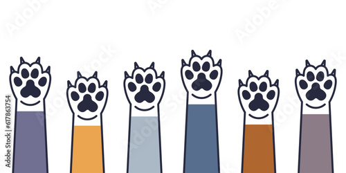 Set of cute cat paws with claws in vector. Cat paws with claws in different colors in flat linear style. Cute cat paw icons.