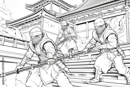Coloring Book Black Outline, Stealthy Ninjas Ninja Warriors Showcasing Their Skills In Mysterious Setting. Generative AI