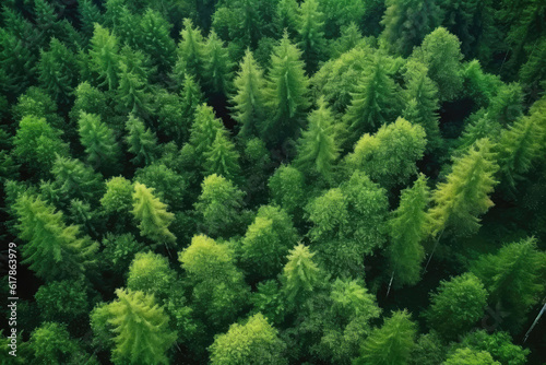 Dense Beautiful Green Forest, View From Above From The Drone. Generative AI
