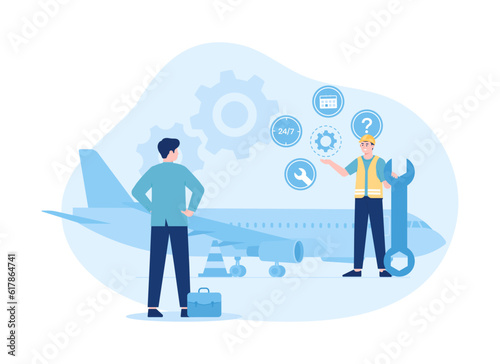 Mechanics repairing airplane before flight trending flat illustration