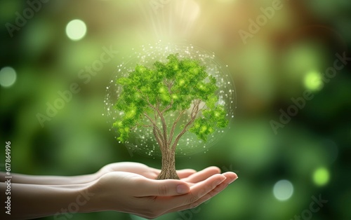 Hands holding a little tree growing from the soil. Preserve nature and ecology concept. Generative Ai illustration