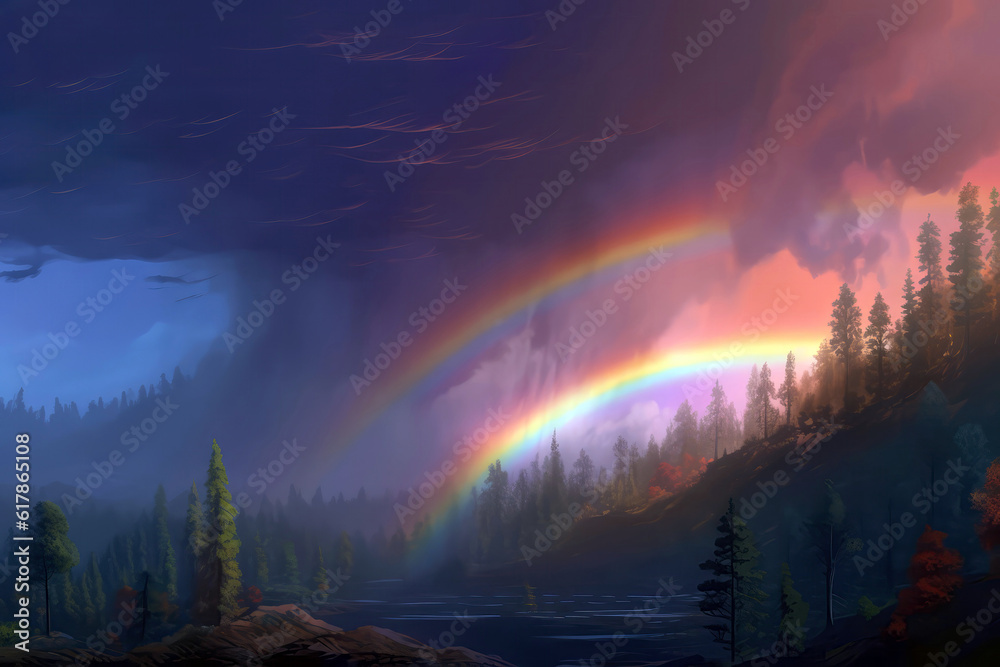 A Double Rainbow Over The Forest And The Lake. Generative AI