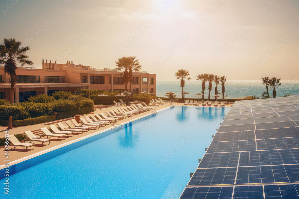 Solar Panels On Sunny Beach Resort. Generative AI