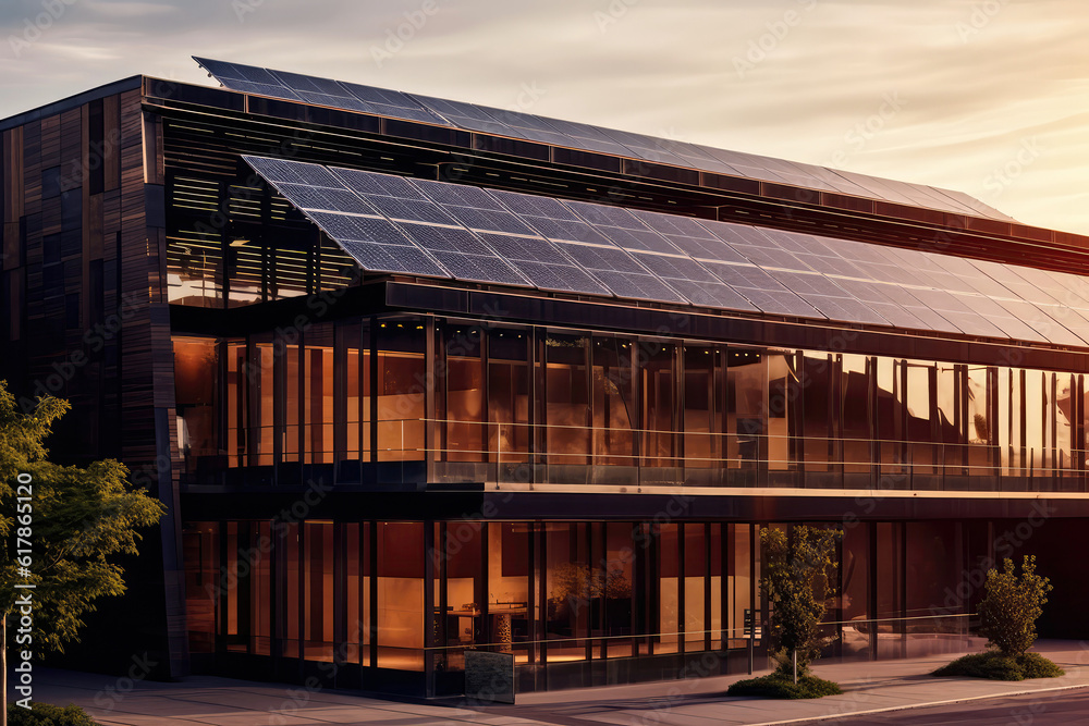 Obraz premium Solar Panels Integrated Seamlessly Into Commercial Buildipng. Generative AI