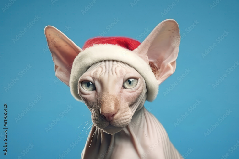 Sphynx Cat In Holiday Christmas Or New Year Cap On Baby Blue Color Background. Generative AI