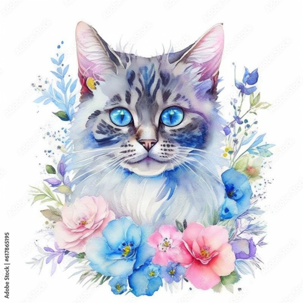 Fototapeta premium A cute gray cat with blue eyes with flowers in watercolor, generative ia