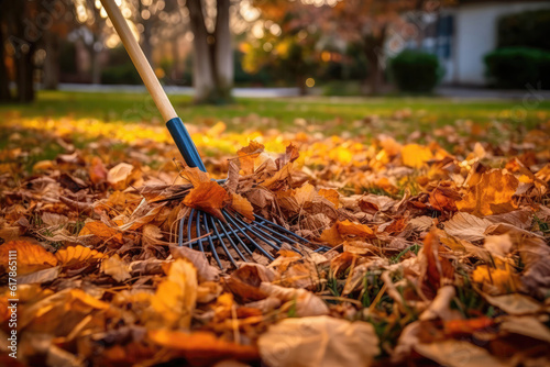 Rake And Pile Of Fallen Leaves On The Lawn In Autumn Park. Generative AI