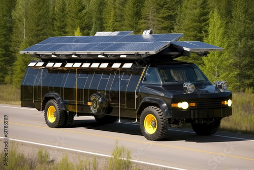 Solar Panels Mounted On Solarpowered Vehicle. Generative AI photo