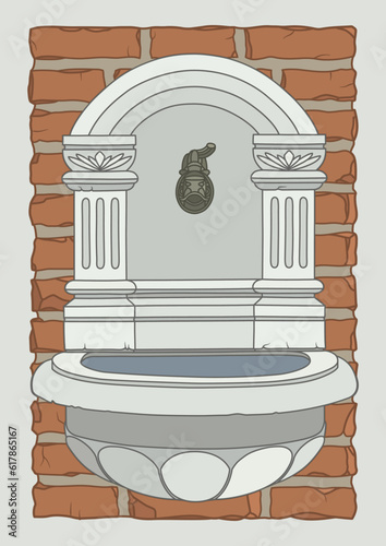 A vector image of an ancient gray stone drinking spring (with two small columns, an arched end at the top) with an antique brass faucet and a semi-circle shaped bowl mounted on a terracotta brick wall