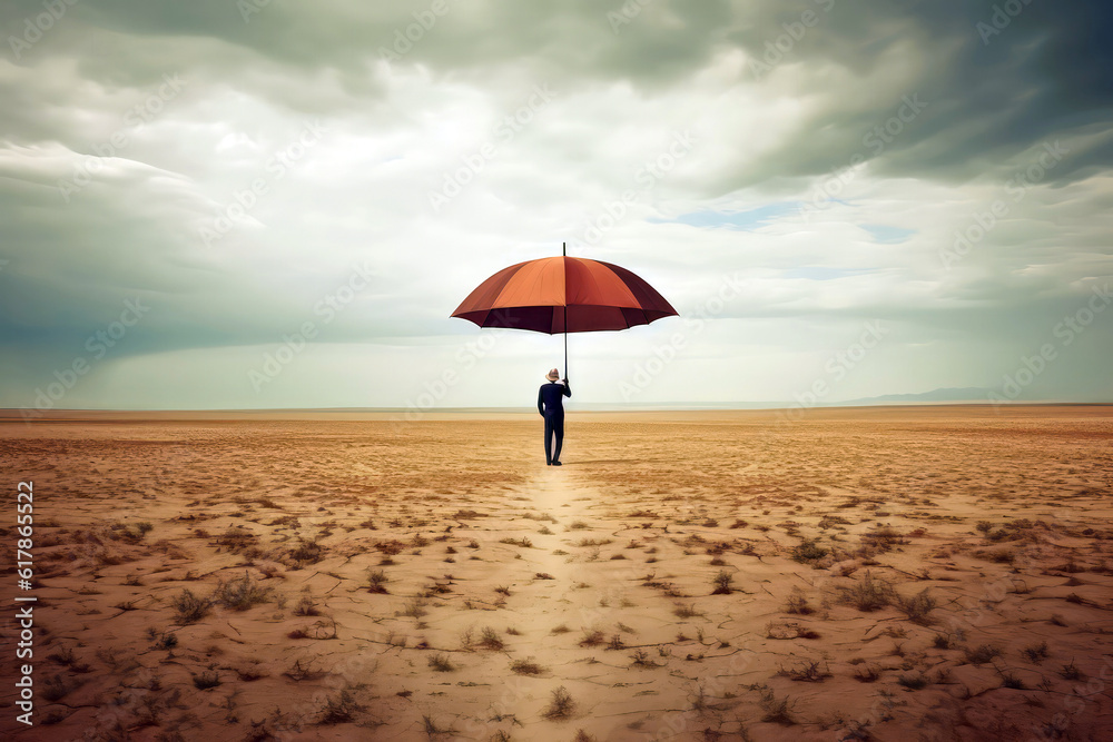 Surreal Image Of Umbrella Standing Alone In Vast Desert. Generative AI